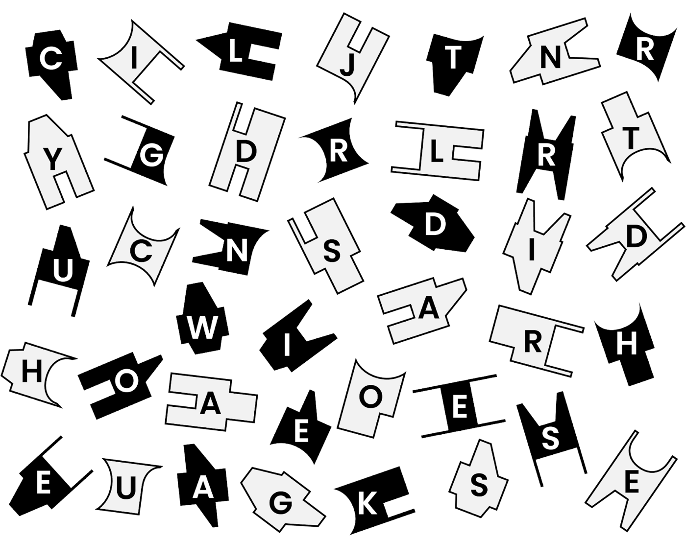 Forty small pieces with different irregular shapes and all about the same size. Half of them are colored black and half are colored white, mixed evenly. Each piece has one letter on it.