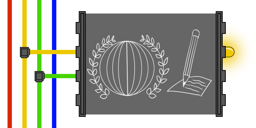 In a gray panel: A globe surrounded by branches, next to a pencil writing on paper. This panel is connected to yellow and green wires. A yellow lightbulb is lit.