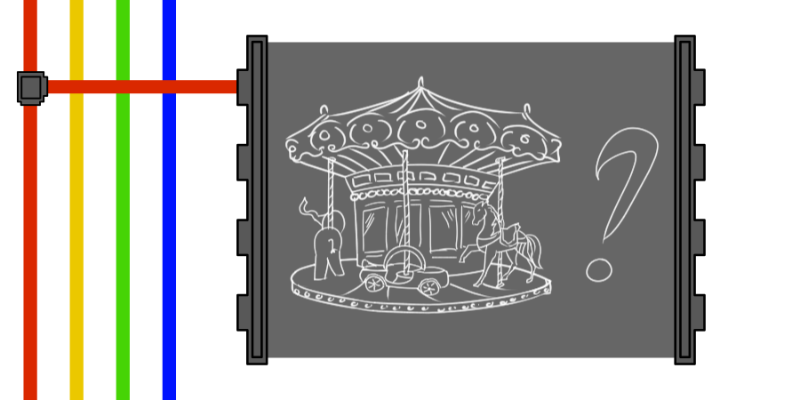 In a gray panel: A merry-go-round next to a question mark. This panel is connected to a red wire.