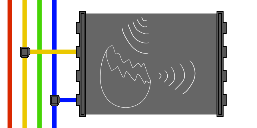 In a gray panel: Sound waves bouncing off the cracked outer layer of an egg. This panel is connected to yellow and blue wires.