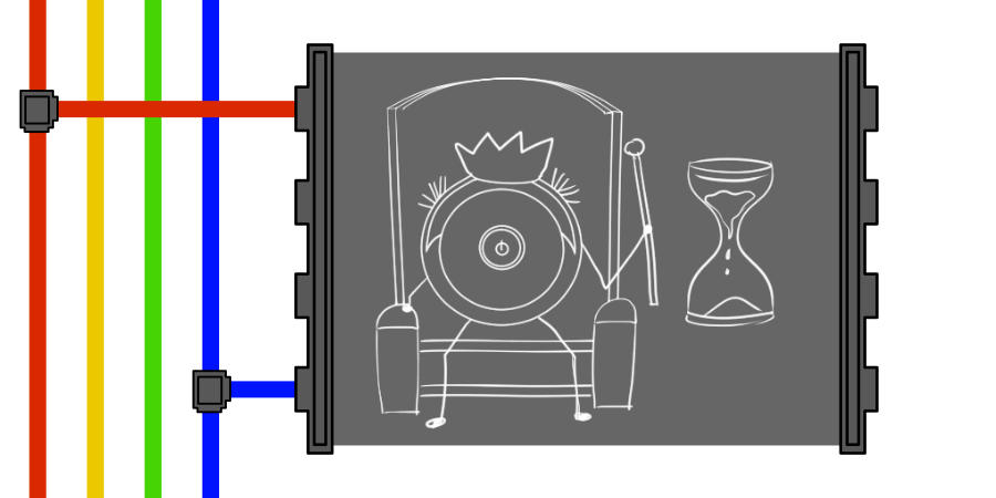 In a gray panel: An autonomous vacuum cleaner sitting on a throne with a crown, brandishing a scepter, next to an hourglass.  This panel is connected to red and blue wires.