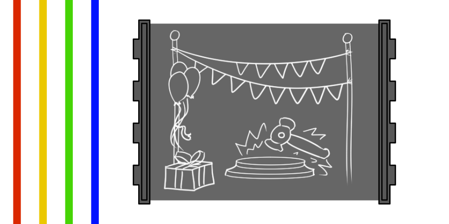 In a gray panel: A celebration with balloons and a present. A hammer smashes the floor. This panel is not connected to any of the wires.