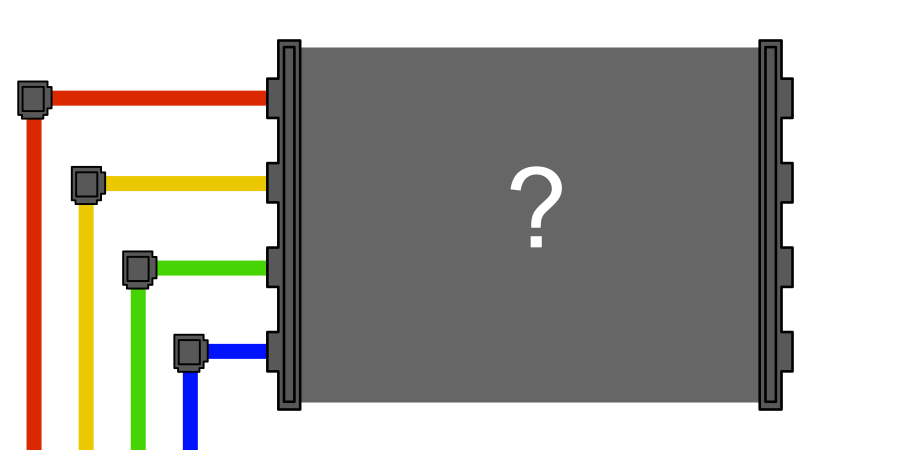 In a gray panel: A question mark This panel is connected to red, yellow, green, and blue wires.
