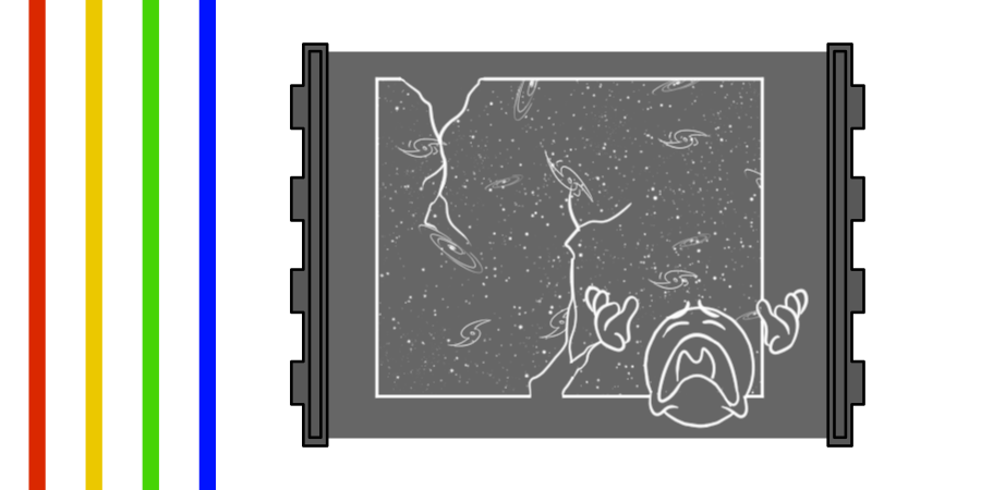 In a gray panel: A face lamenting an accident on a map of galaxies. This panel is not connected to any of the wires.