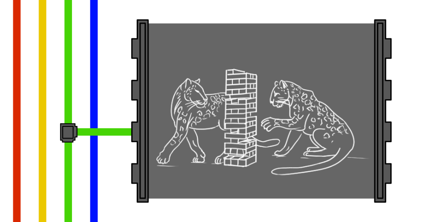 In a gray panel: Two large spotted cats playing a block-stacking game. This panel is connected to a green wire.