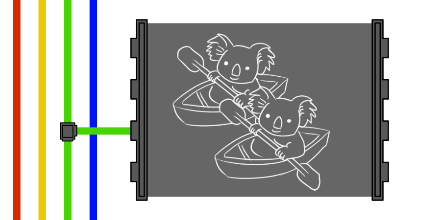 In a gray panel: Two marsupials, each in a small boat holding a long, double-bladed paddle. This panel is connected to a green wire.