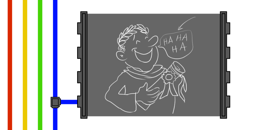 In a gray panel: A mirthful human wearing a wreath, holding an award, making the sound "ha ha ha". This panel is connected to a blue wire.
