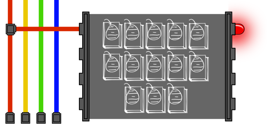In a gray panel: Two rows of five, and one row of three books; the text on the covers are illegible. This panel is connected to a red wire. A red lightbulb is lit.
