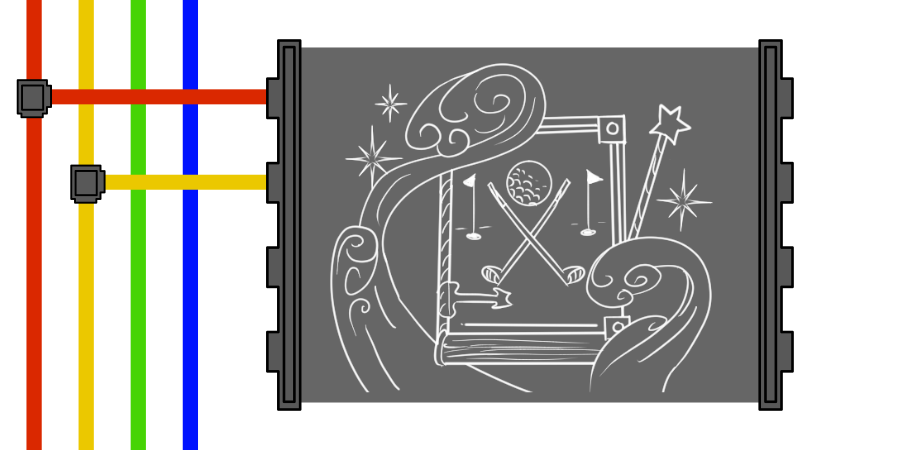 In a gray panel: A magical book. On the cover is a small dimpled ball surrounded by two clubs. This panel is connected to red and yellow wires.