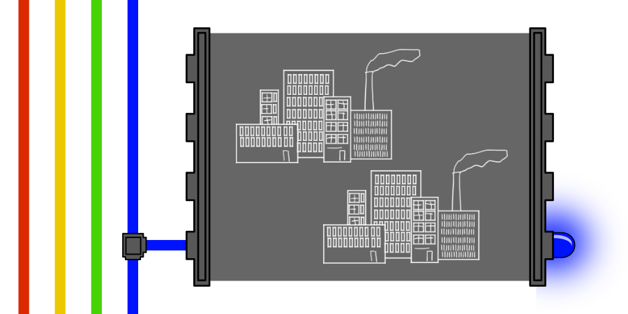 In a gray panel: Two sets of urbanized buildings and factories. This panel is connected to a blue wire. A blue lightbulb is lit.