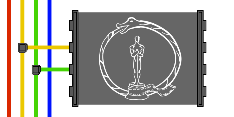 In a gray panel: A trophy in front of a snake eating its own tail.  This panel is connected to yellow and green wires.