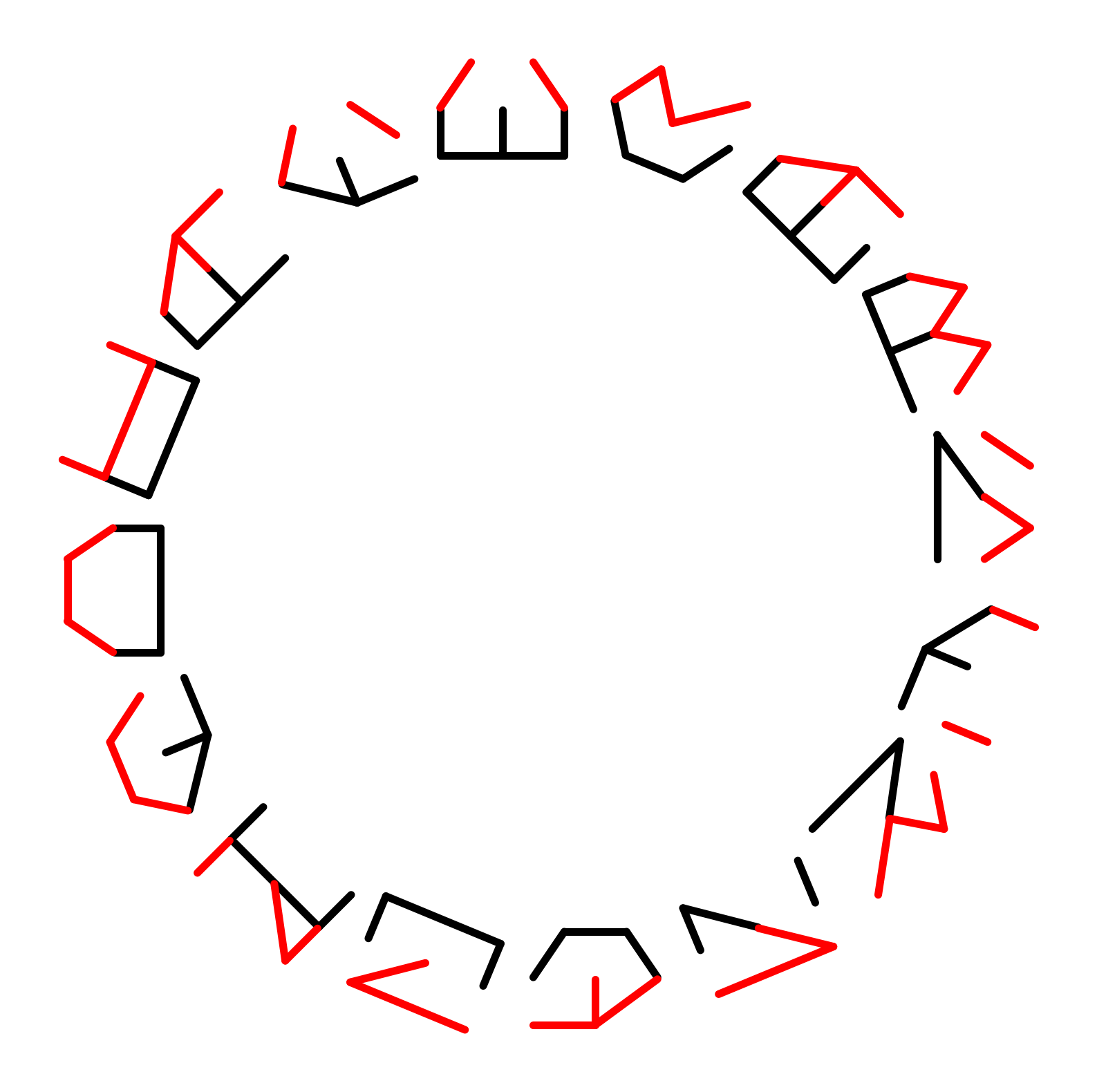 16 symbols arranged in a circle. The outer half of each symbol is red. The inner half is black. 