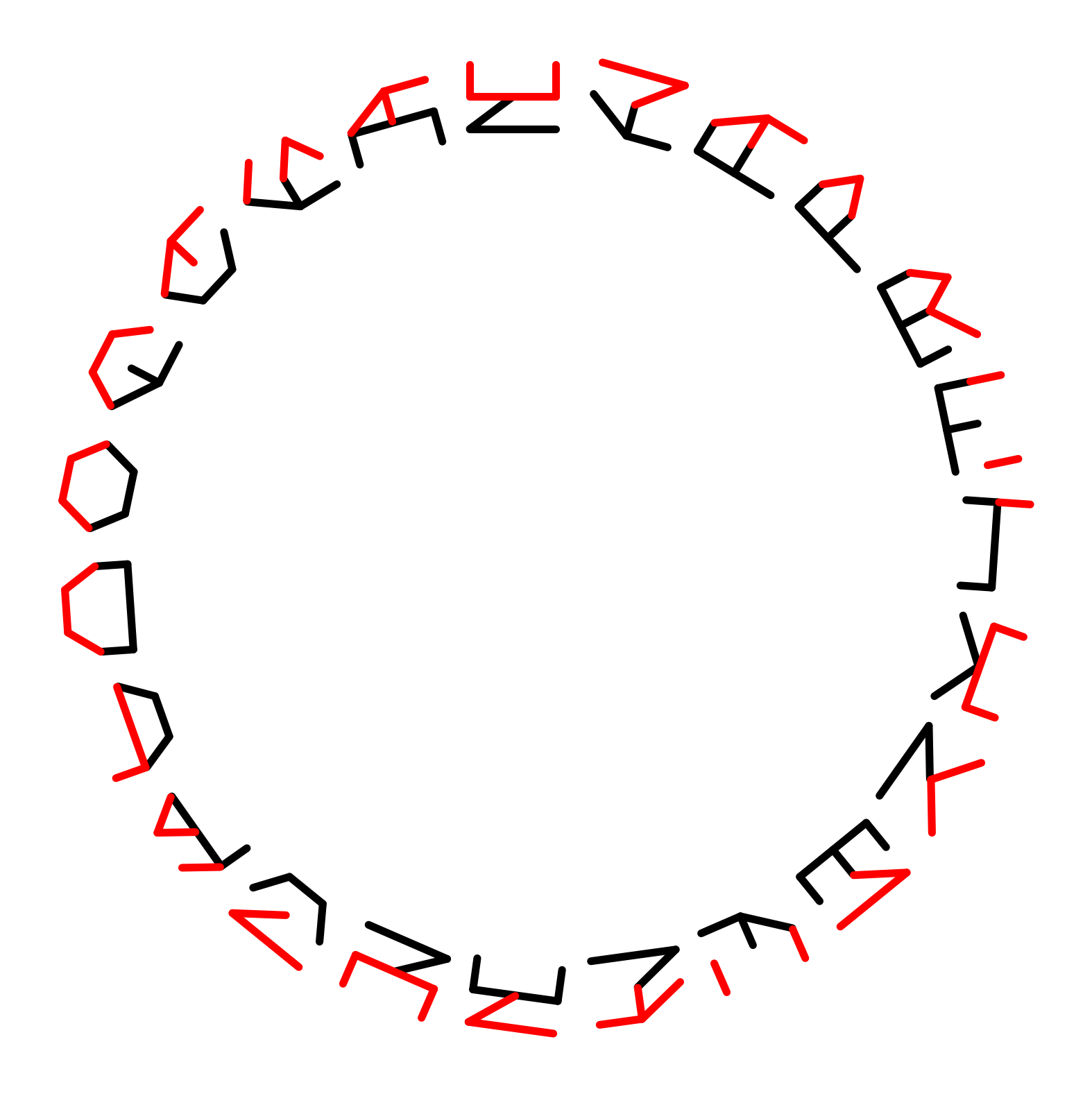 23 symbols arranged in a circle. The outer half of each symbol is red. The inner half is black. 