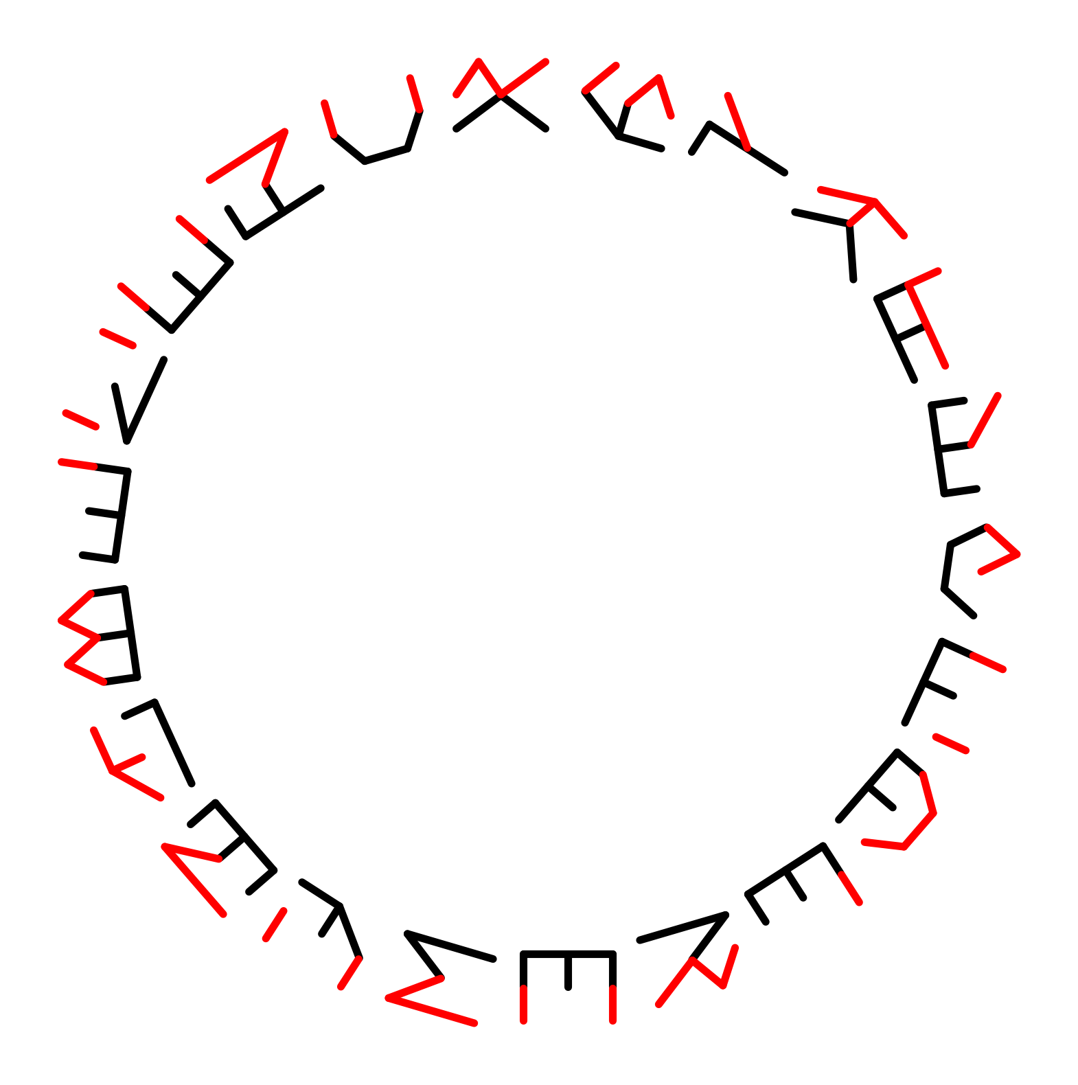 22 symbols arranged in a circle. The outer half of each symbol is red. The inner half is black. 