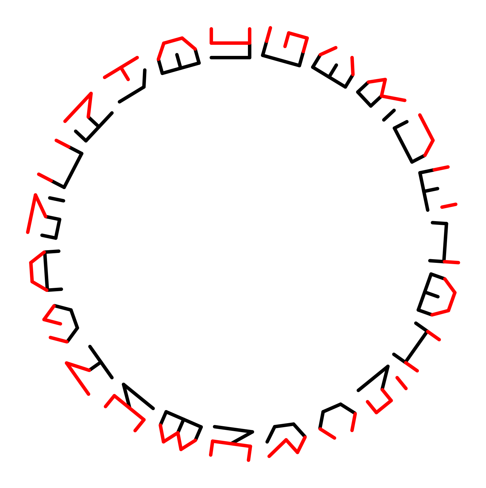 23 symbols arranged in a circle. The outer half of each symbol is red. The inner half is black. 