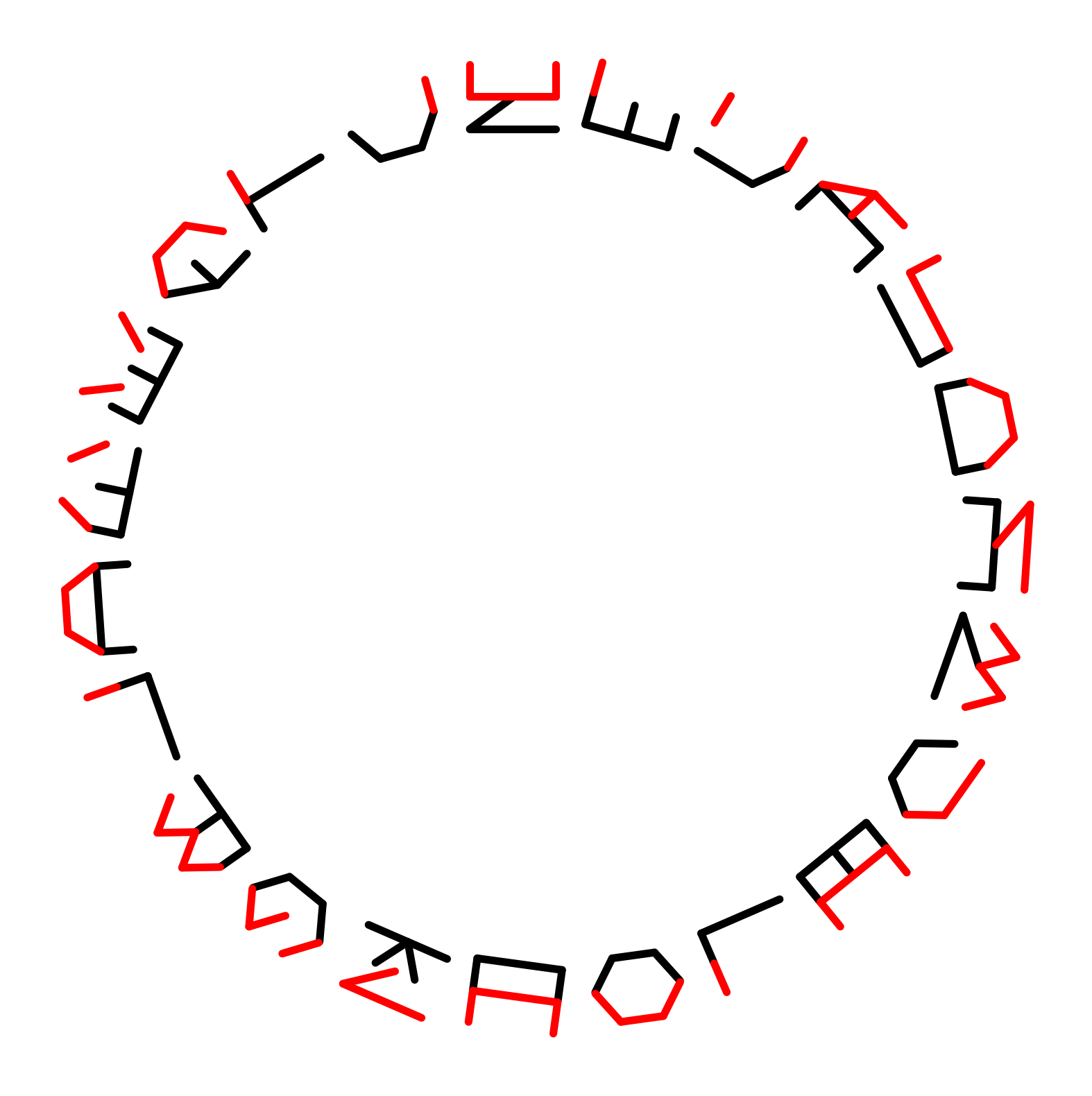 23 symbols arranged in a circle. The outer half of each symbol is red. The inner half is black. 