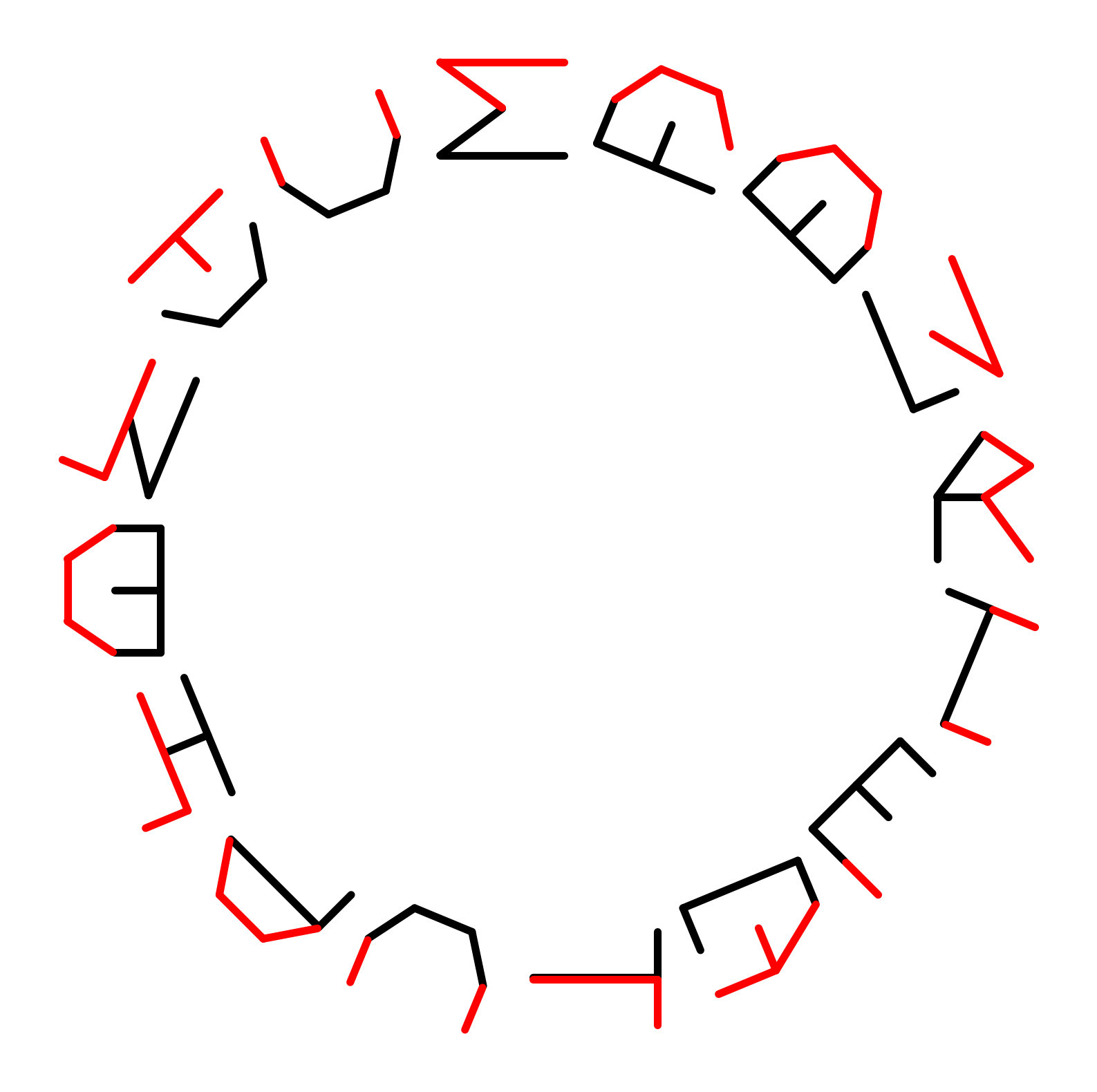 16 symbols arranged in a circle. The outer half of each symbol is red. The inner half is black. 