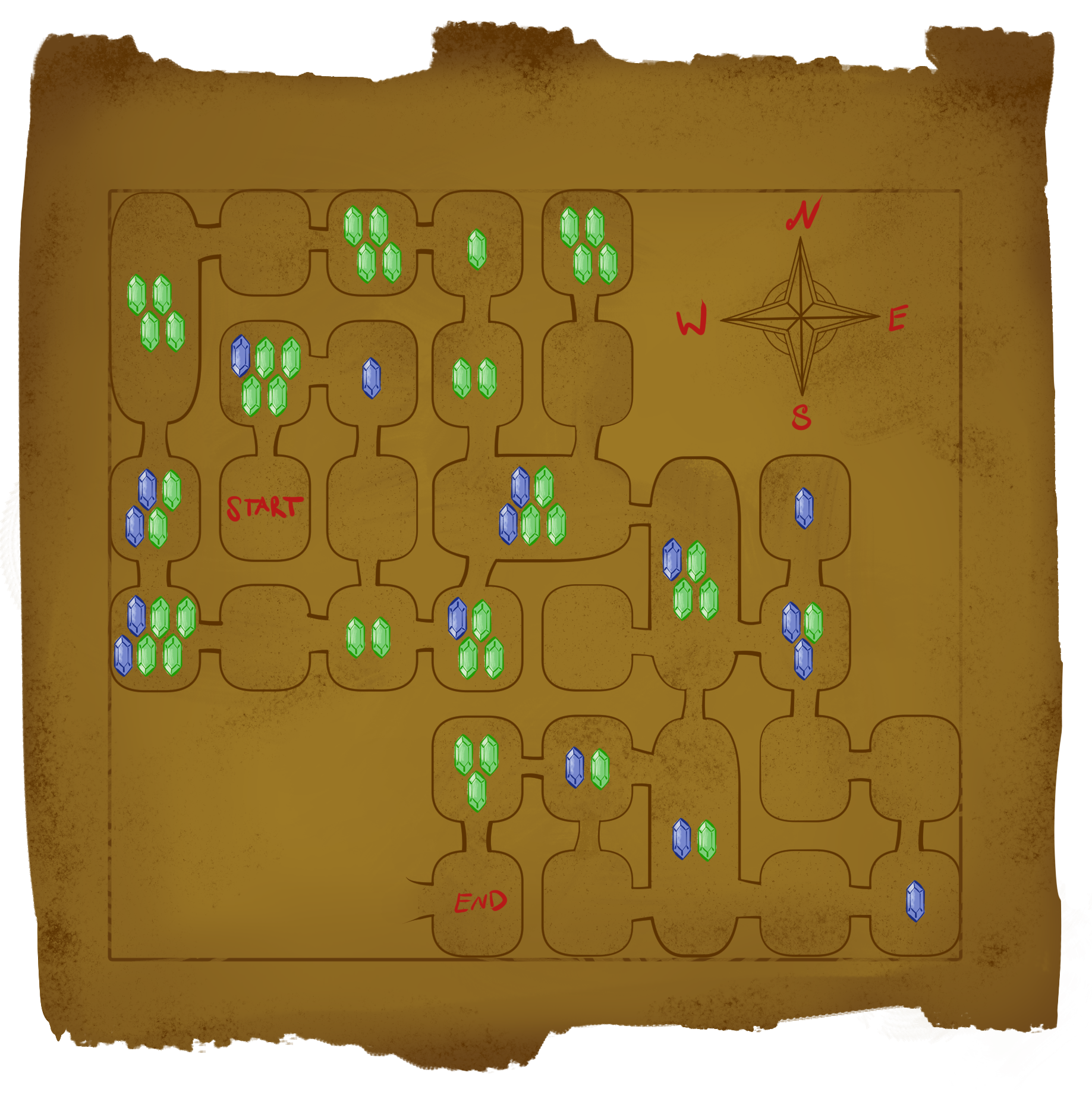 An old-looking map with square and rectangular rooms containing gems, as well as a compass in the corner. Contact us if you are having trouble with accessibility and we can give you a spreadsheet version of this image.
