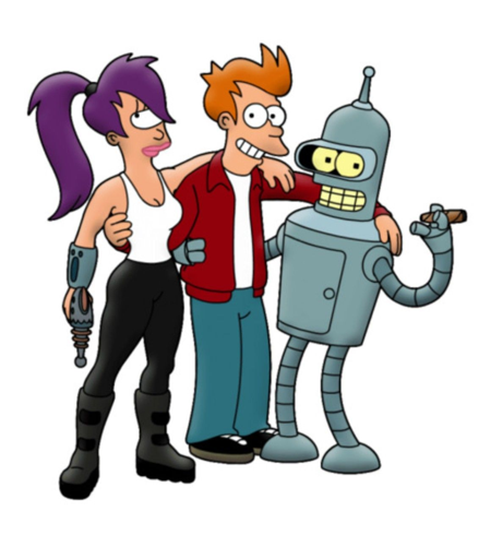 Two cartoon people and a robot.
