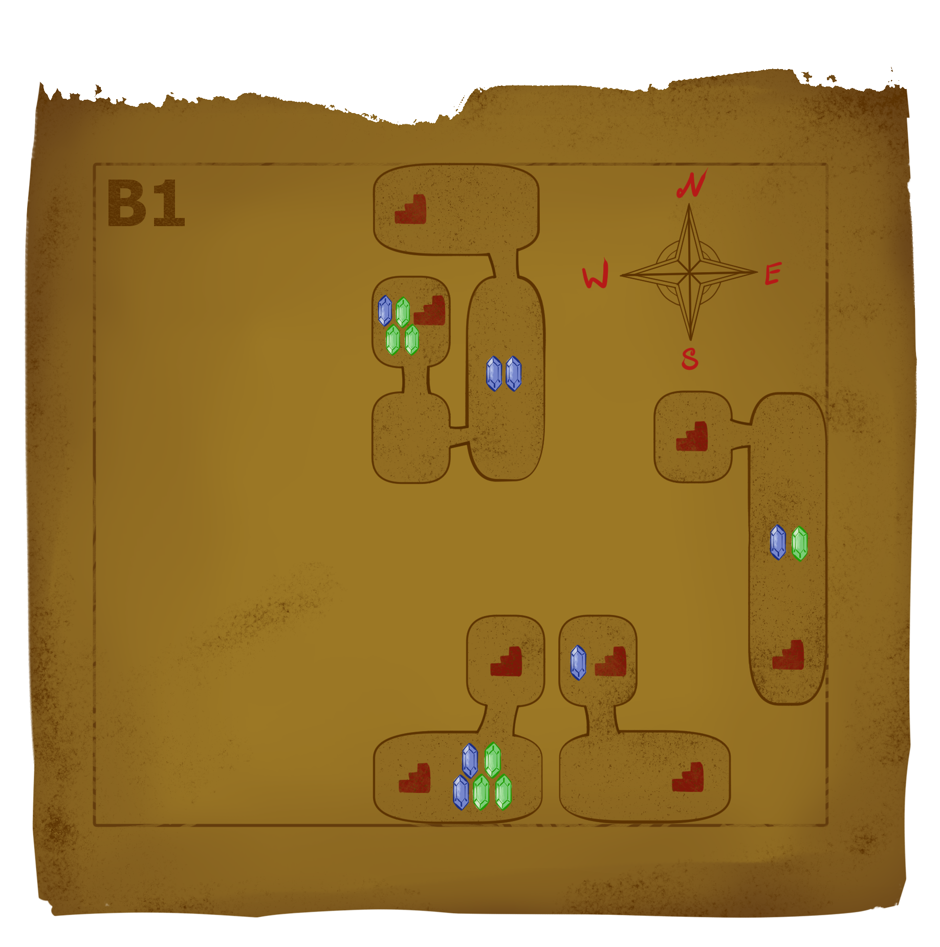 An old-looking map labeled 'B1' with square and rectangular rooms containing gems and stairs, as well as a compass in the corner. Contact us if you are having trouble with accessibility and we can give you a spreadsheet version of this image.