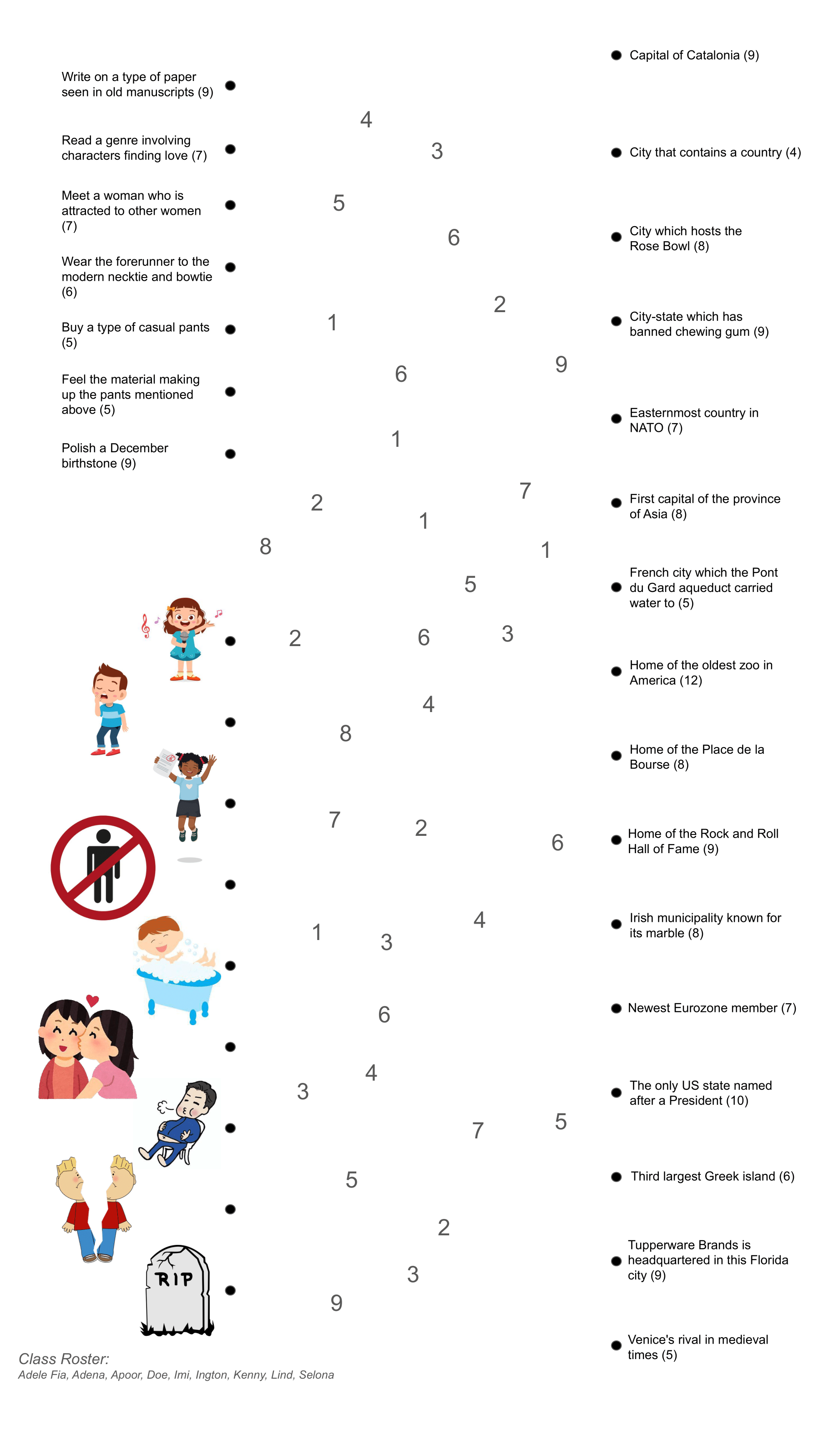 Two columns of clues, with each clue next to a dot. In the middle are several scattered numbers. The lower half of the left column contains images of people.