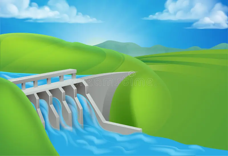 A river flowing between hills. There is a grey structure in the middle of the river.