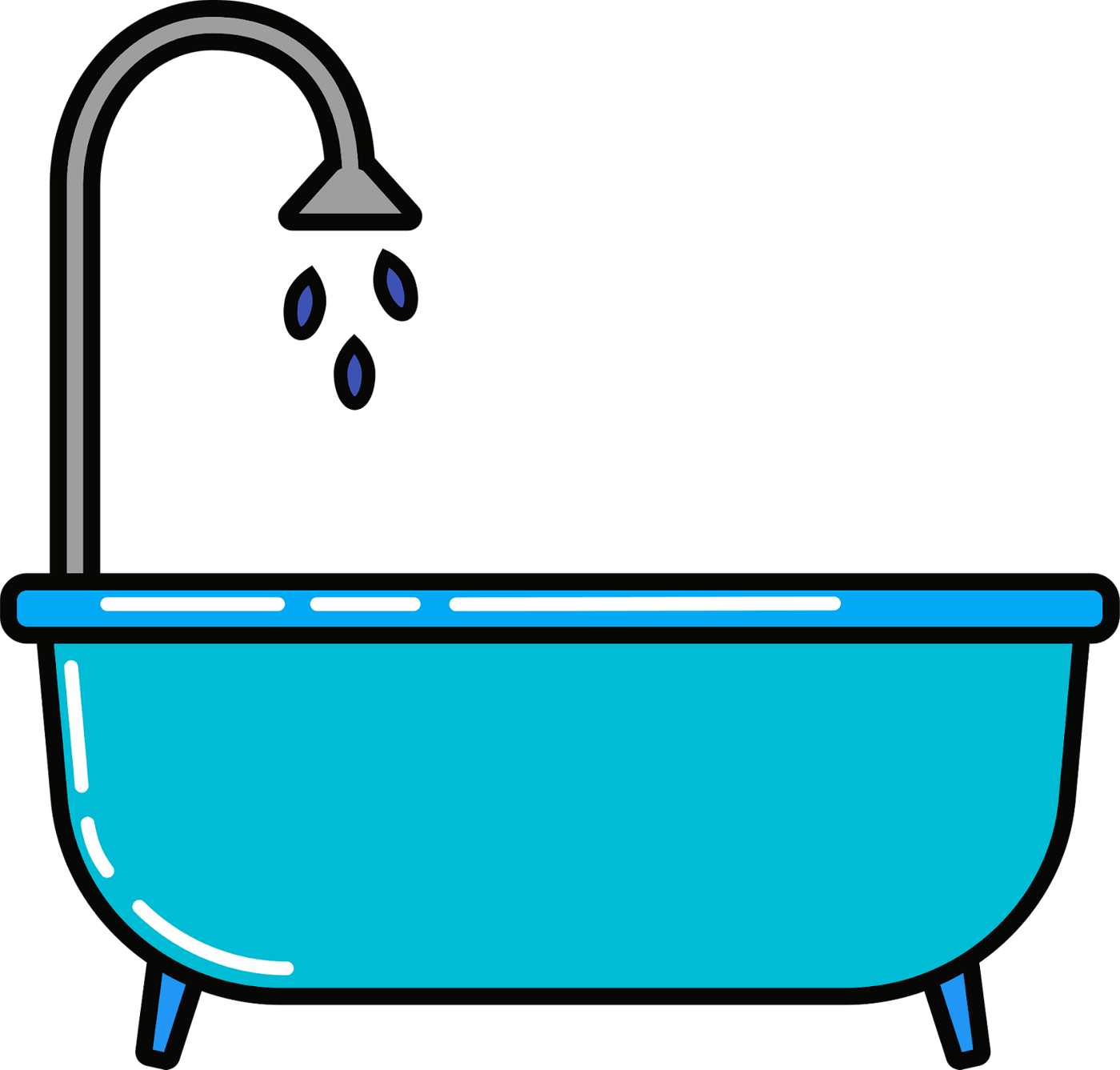 A blue object which is rounded on the bottom and straight on top. There is a grey pipe above it with 3 small blue ovoid shapes underneath it.