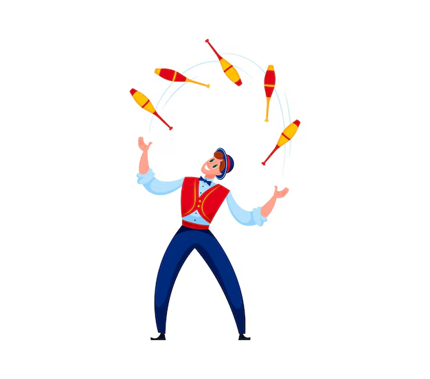 A person standing and holding their arms wide. Five oblong objects are above their hands in various orientations.