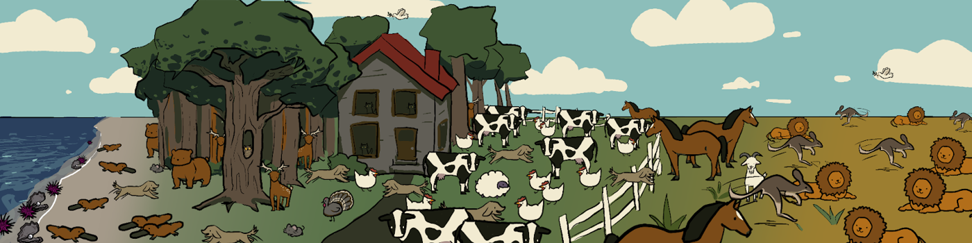 A wide view of a landscape. Starting on the left, there is a body of water with some animals in it and a beach. Second, there is a forest, again with many animals. Third, there is a small house, also with animals. There are animals to the right of the house and a white picket fence. Fourth, there is a grassy open area with many animals in it. There is a wide variety of animals; some are in the water, some in the trees and grass, and some in the air.