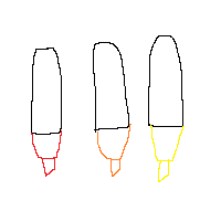 bottom halves of each object are red (left), orange (middle), yellow (right)