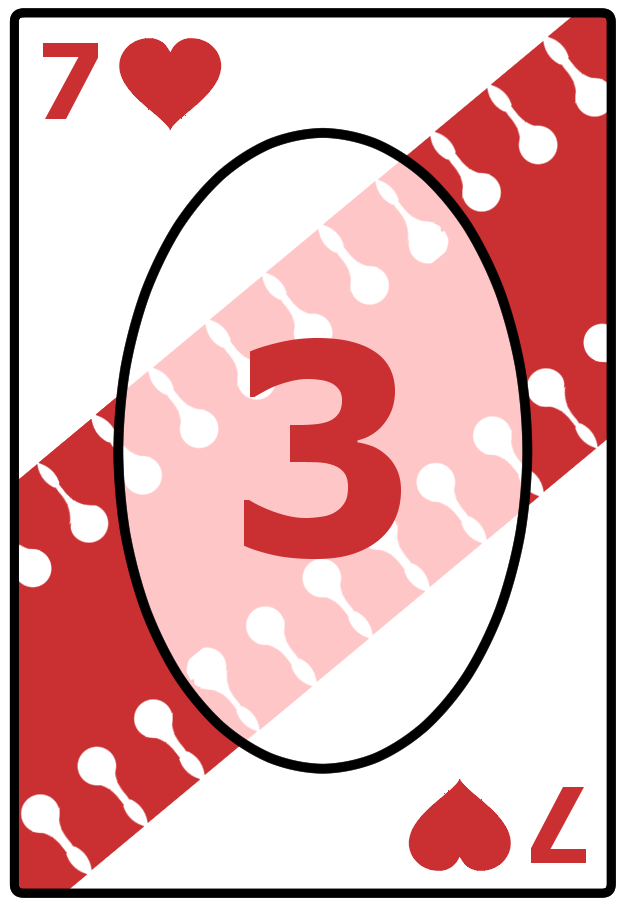 A Seven of Hearts card with a wavy red background, featuring the number 3 in the center.