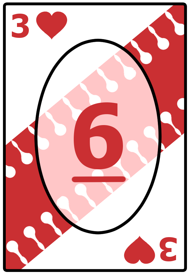 A Three of Hearts card with a wavy red background, featuring the number 6 in the center.