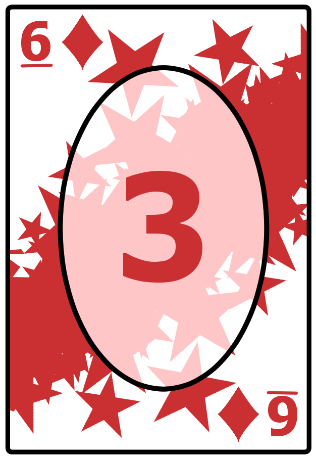 A Six of Diamonds card with a starry red background, featuring the number 3 in the center.