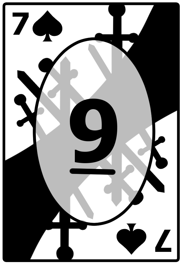A Seven of Spades card with a jagged black background, featuring the number 9 in the center.