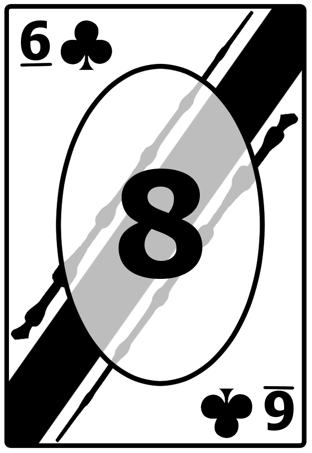 A Six of Clubs card with a striped black background, featuring the number 8 in the center.