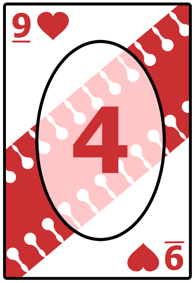 A Nine of Hearts card with a wavy red background, featuring the number 4 in the center.