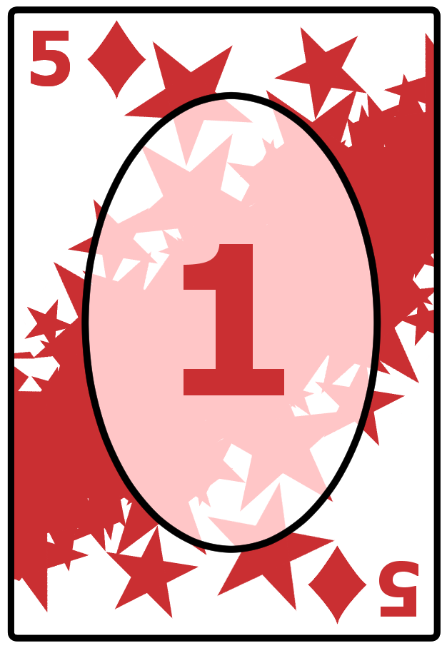A Five of Diamonds card with a starry red background, featuring the number 1 in the center.