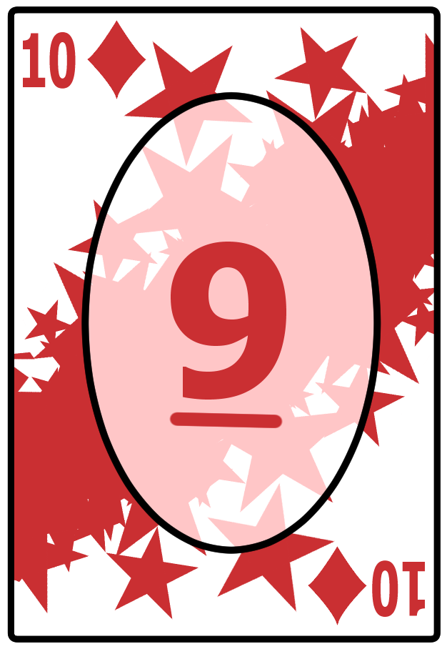 A Ten of Diamonds card with a starry red background, featuring the number 9 in the center.