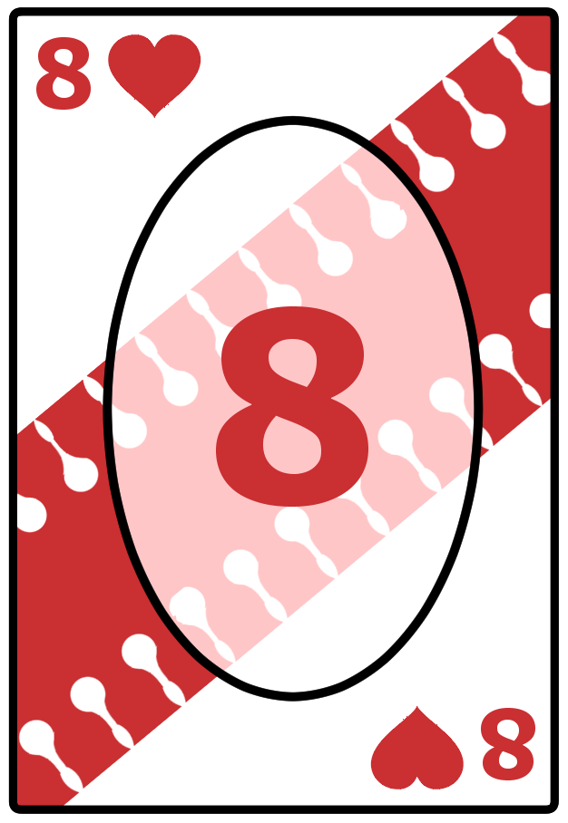 A Eight of Hearts card with a wavy red background, featuring the number 8 in the center.
