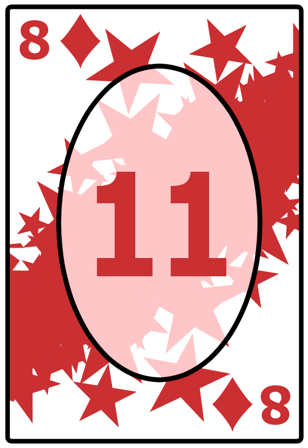 A Eight of Diamonds card with a starry red background, featuring the number 11 in the center.