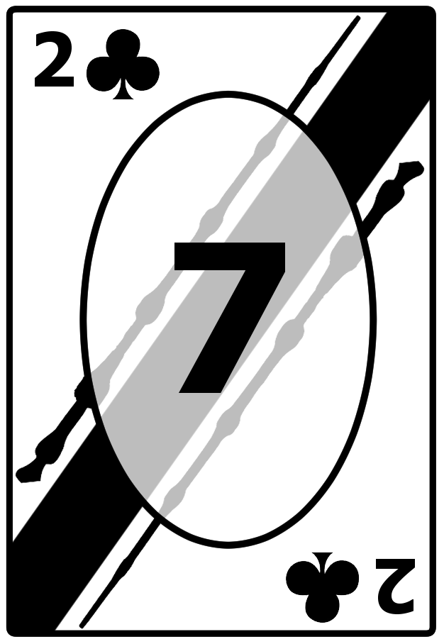 A Two of Clubs card with a striped black background, featuring the number 7 in the center.
