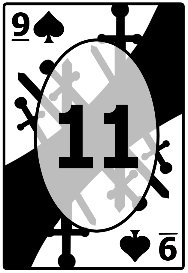 A Nine of Spades card with a jagged black background, featuring the number 11 in the center.