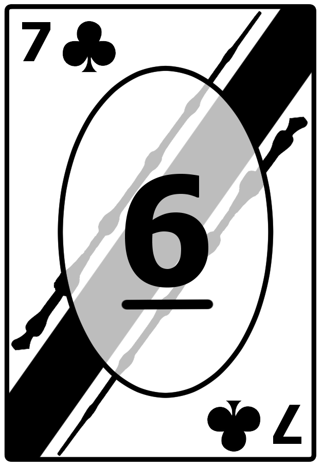 A Seven of Clubs card with a striped black background, featuring the number 6 in the center.