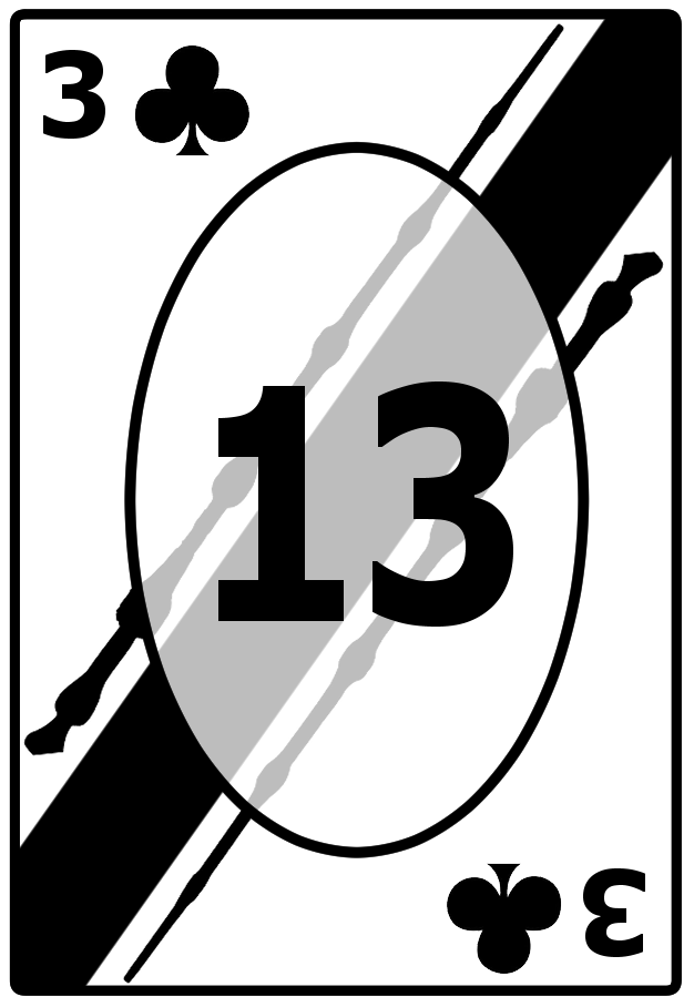 A Three of Clubs card with a striped black background, featuring the number 13 in the center.