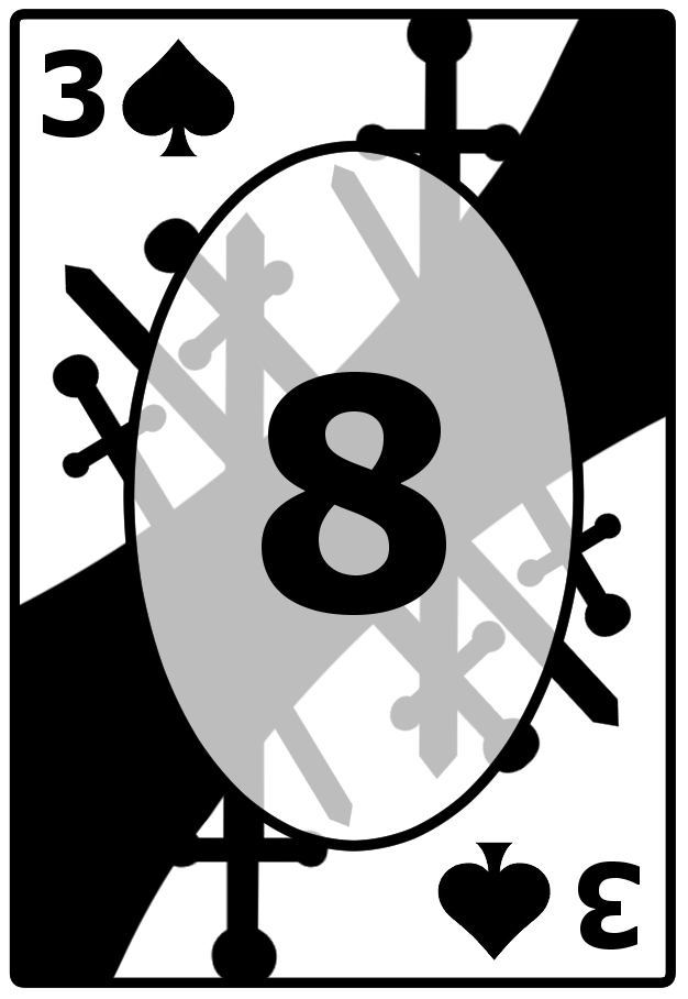 A Three of Spades card with a jagged black background, featuring the number 8 in the center.