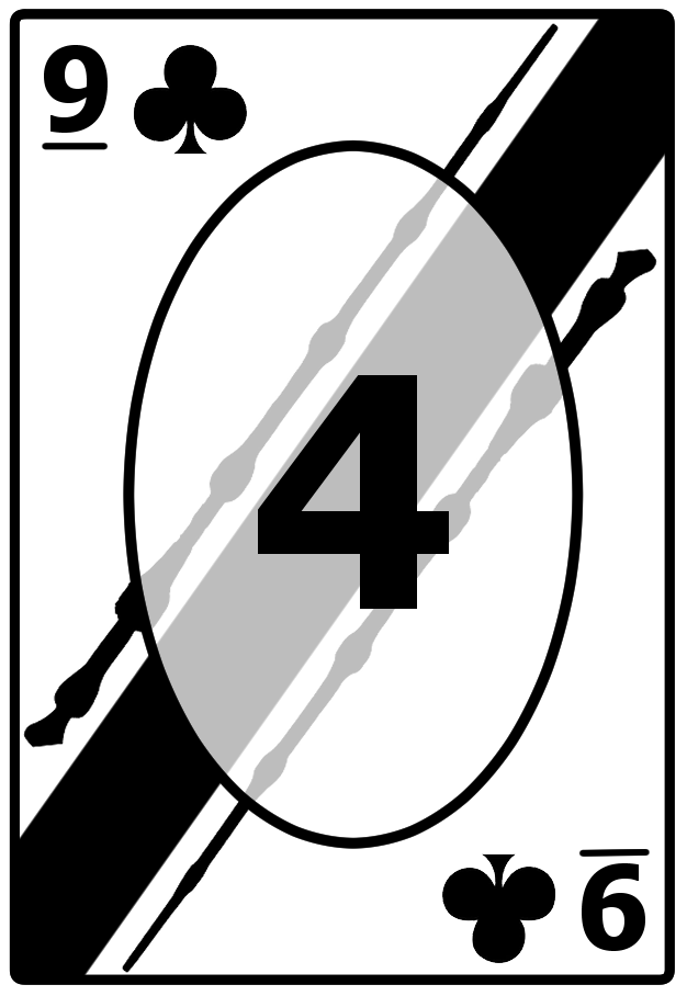 A Nine of Clubs card with a striped black background, featuring the number 4 in the center.