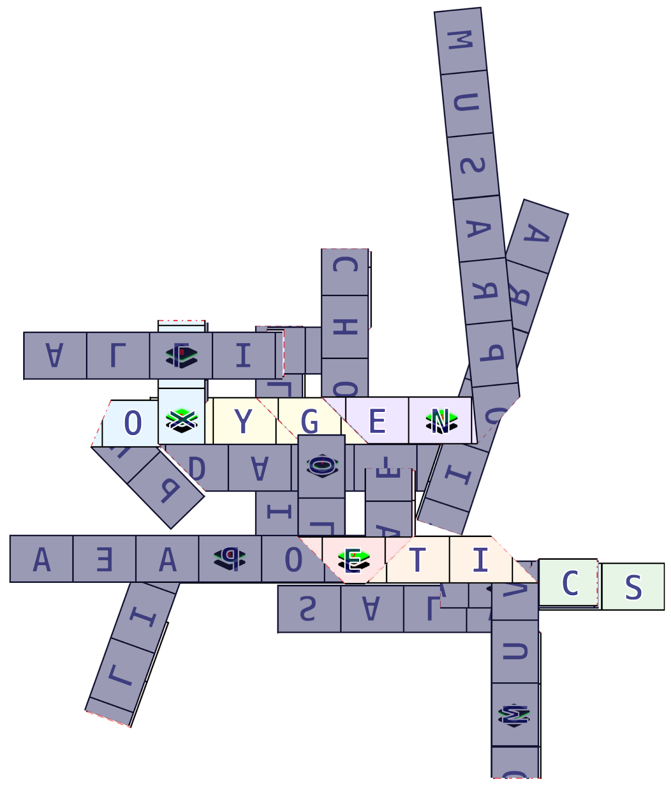 All six strips layered on each other. The colored letters that would be visible to us spell out OXYGEN, ETI, and CS.