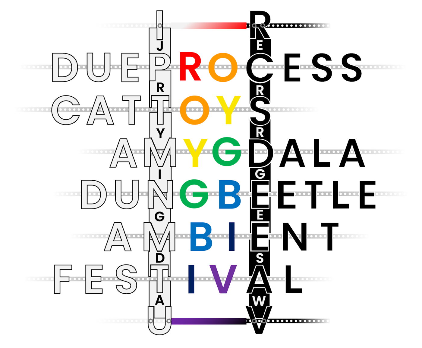 A complete assembly of six feeder answers and fourteen spare parts. All spare parts on the left and white and all those on the right are black. The Roy G Biv letters in the center are colored with their corresponding rainbow color.