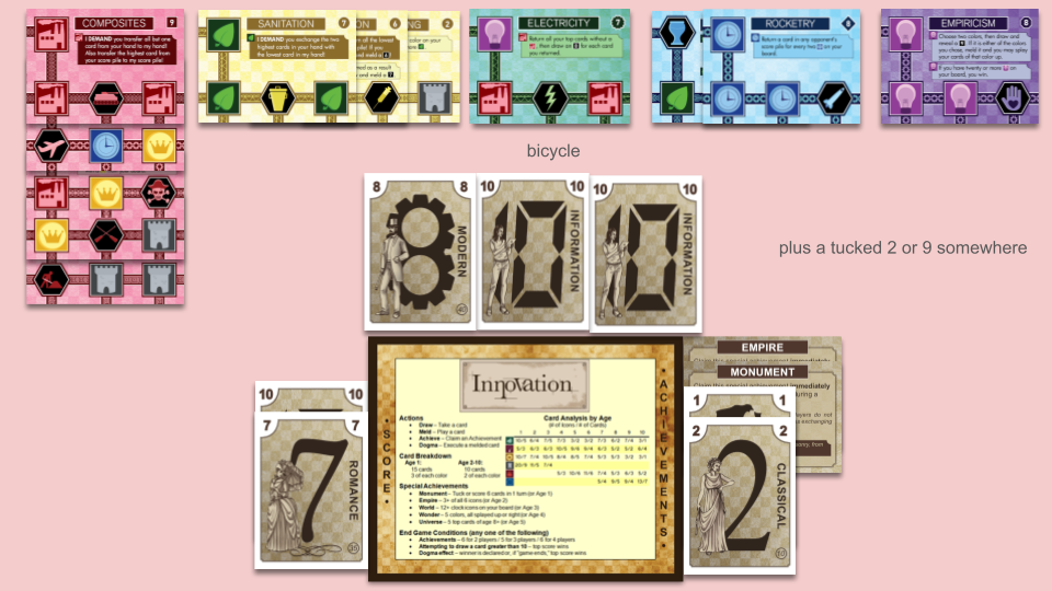 red cards: Construction, below Oars, below The Pirate Code, below Flight, below Composites, splayed up. yellow cards: Fermenting, below Vaccination, below Sanitation, splayed left. green cards: Bicycle, below Electricity, not splayed. blue cards: Pottery, below Rocketry, splayed right. purple cards: Empiricism, not splayed. also a tucked 2 or 9 somewhere. hand: two 10s, an 8. score pile: a 10, a 7. achievements: Empire, Monument, 1, 2