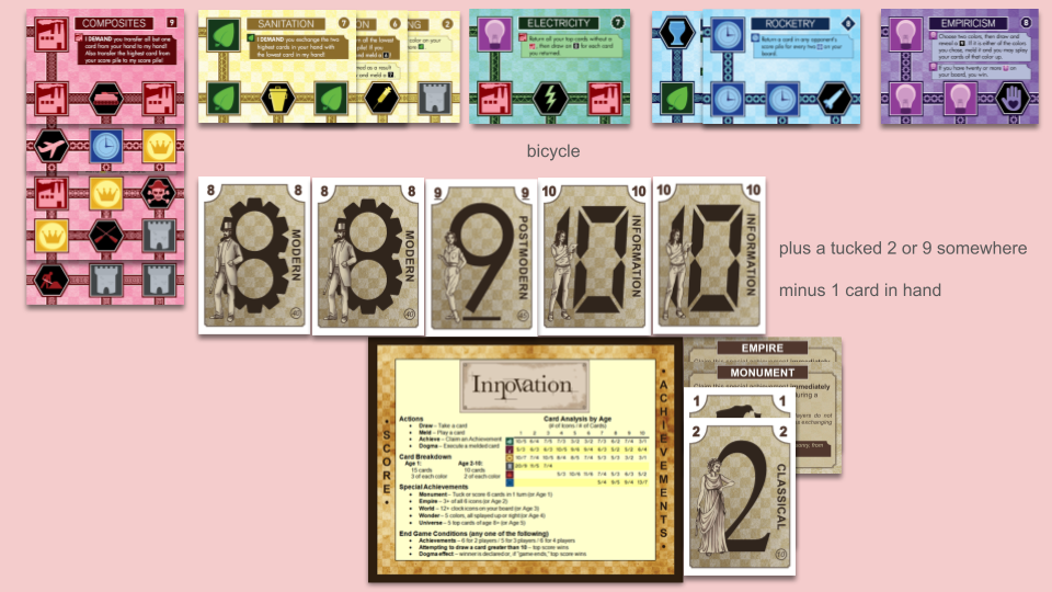 red cards: Construction, below Oars, below The Pirate Code, below Flight, below Composites, splayed up. yellow cards: Fermenting, below Vaccination, below Sanitation, splayed left. green cards: Bicycle, below Electricity, not splayed. blue cards: Pottery, below Rocketry, splayed right. purple cards: Empiricism, not splayed. also a tucked 2 or 9 somewhere. hand: 4 out of the 5 cards (two 10s, two 9s, an 8). score pile: empty. achievements: Empire, Monument, 1, 2